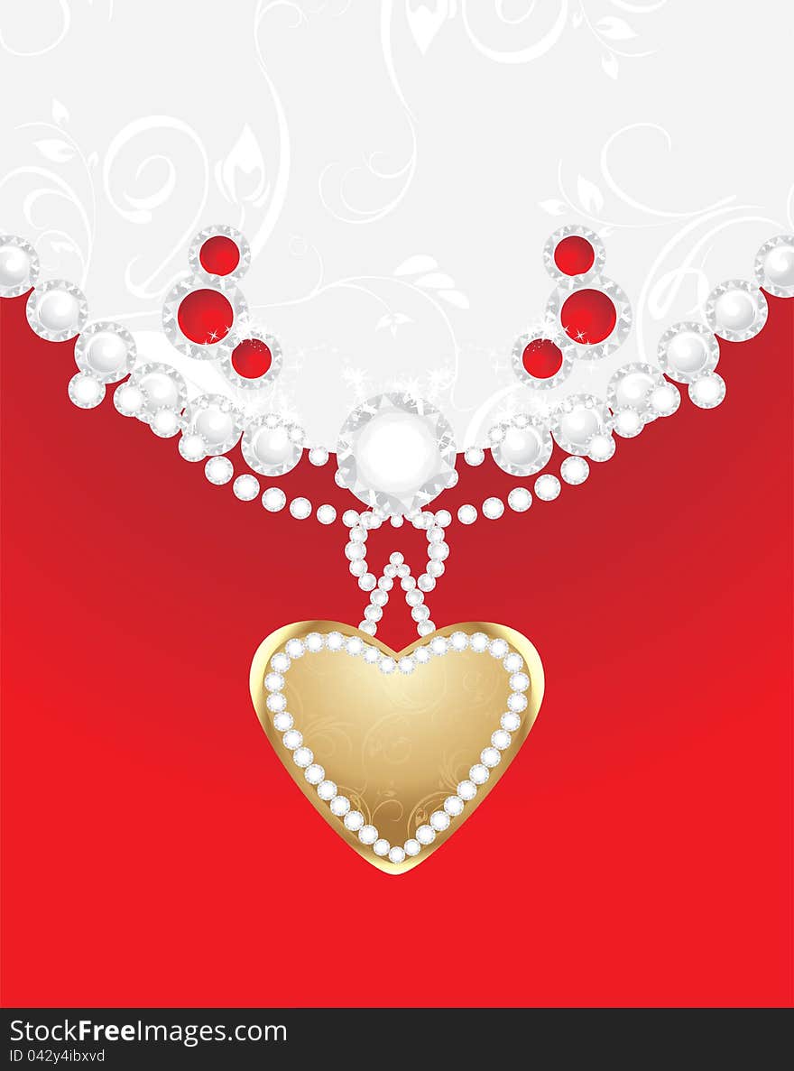 Heart with diamonds and strasses. Decorative background for jewelry design. Illustration