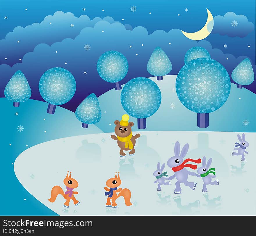 Wonderful fairy-tale winter landscape with animals