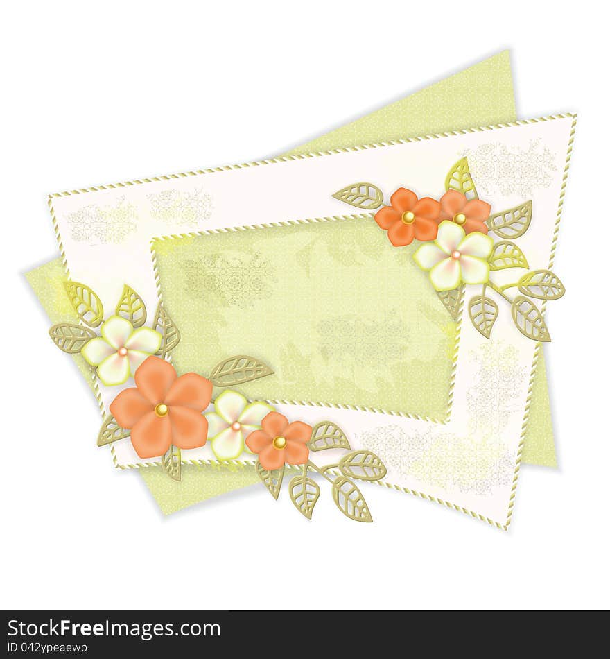 Stylish photo frame with red and white flowers on a green background. Old-style. Vector illustration.