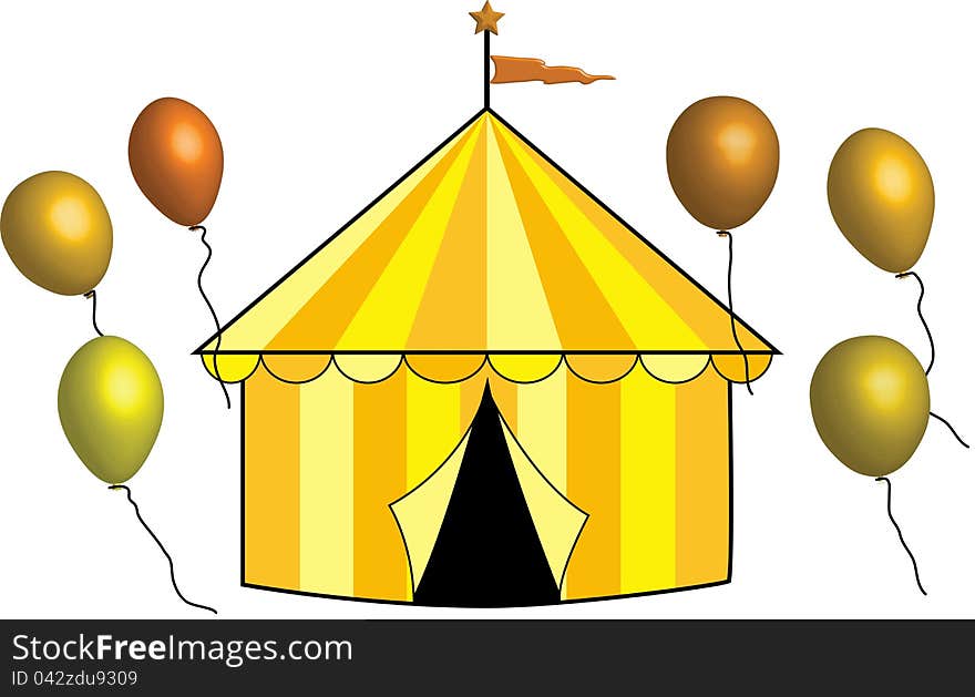 Yellow and gold circus tent with bronze color pennant flag and star plus yellow, gold and bronze balloons. Yellow and gold circus tent with bronze color pennant flag and star plus yellow, gold and bronze balloons.