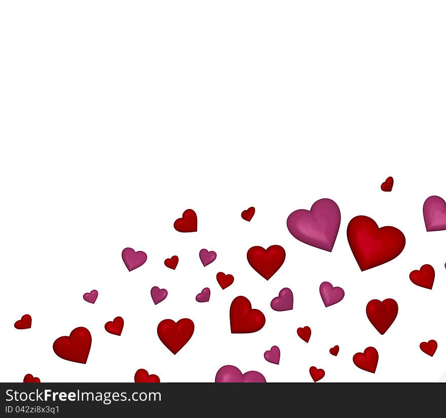 Multitude of red and pink flying heart shapes isolated on white background with copyspace. Multitude of red and pink flying heart shapes isolated on white background with copyspace.