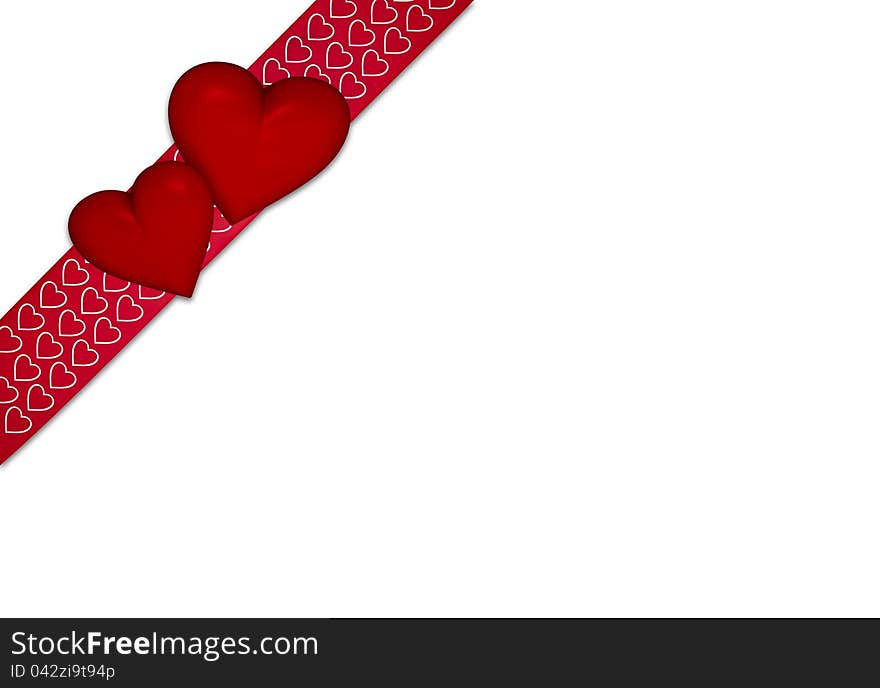 Red ribbon with hearts on white background with copyspace. Red ribbon with hearts on white background with copyspace.