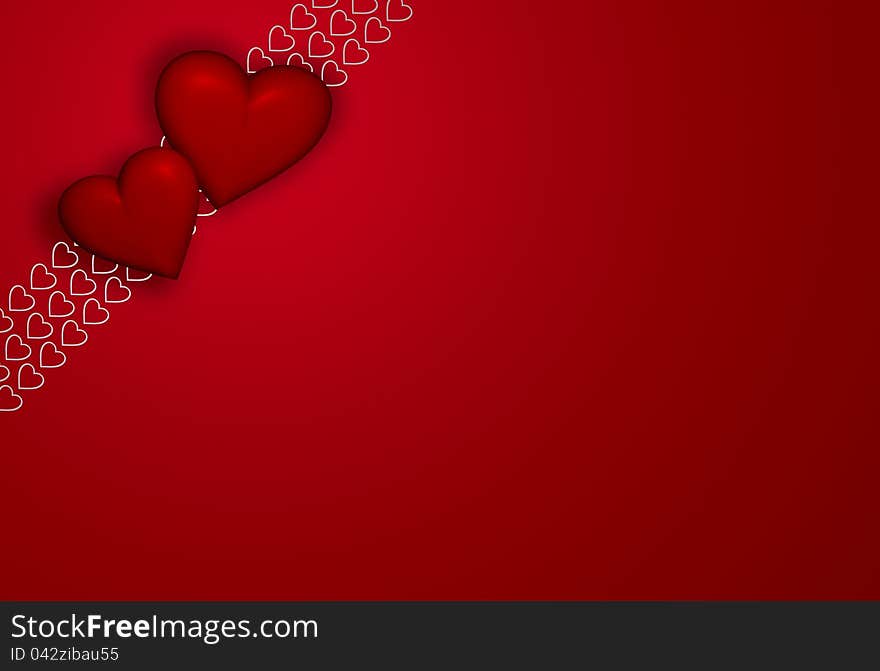 Two hearts and heart shaped ribbon on red background with copyspace. Two hearts and heart shaped ribbon on red background with copyspace.