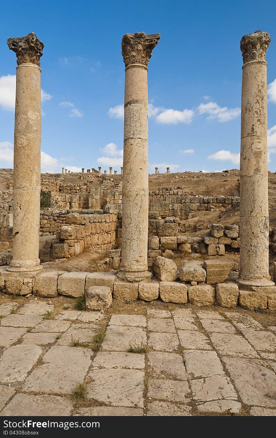 Three columns along the Roman road in Jerash