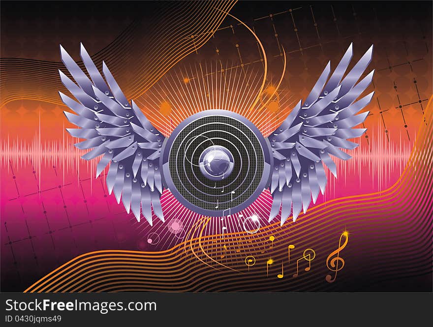 Abstract music background speaker metal wings notes