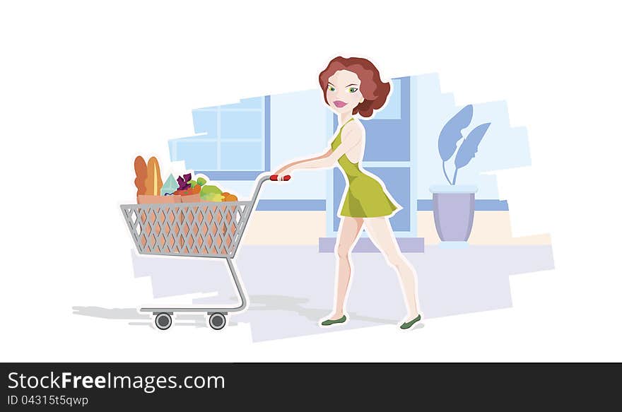 Young girl with a cart full of food. Young girl with a cart full of food