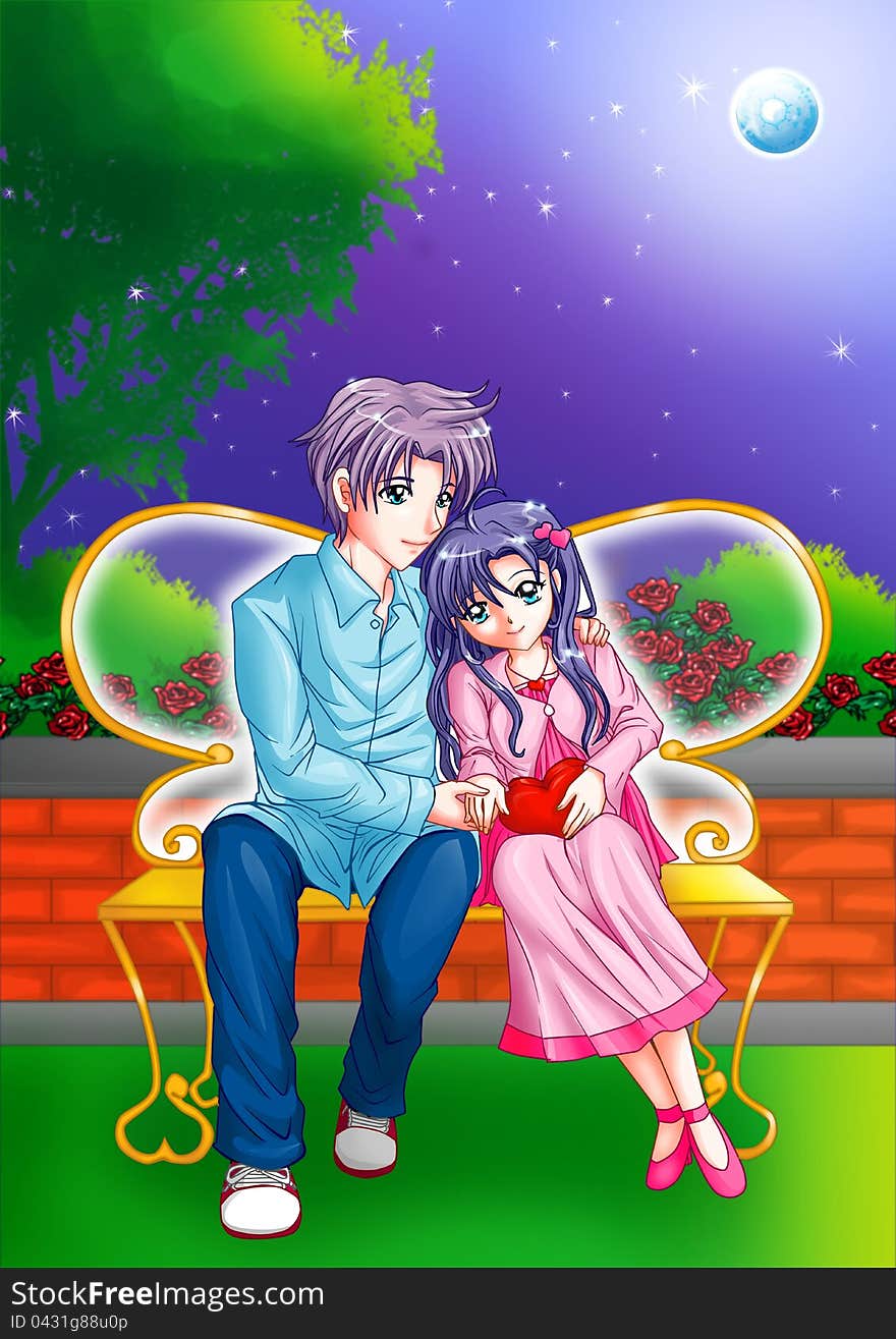 Cartoon illustration of a couple cuddling on a park bench