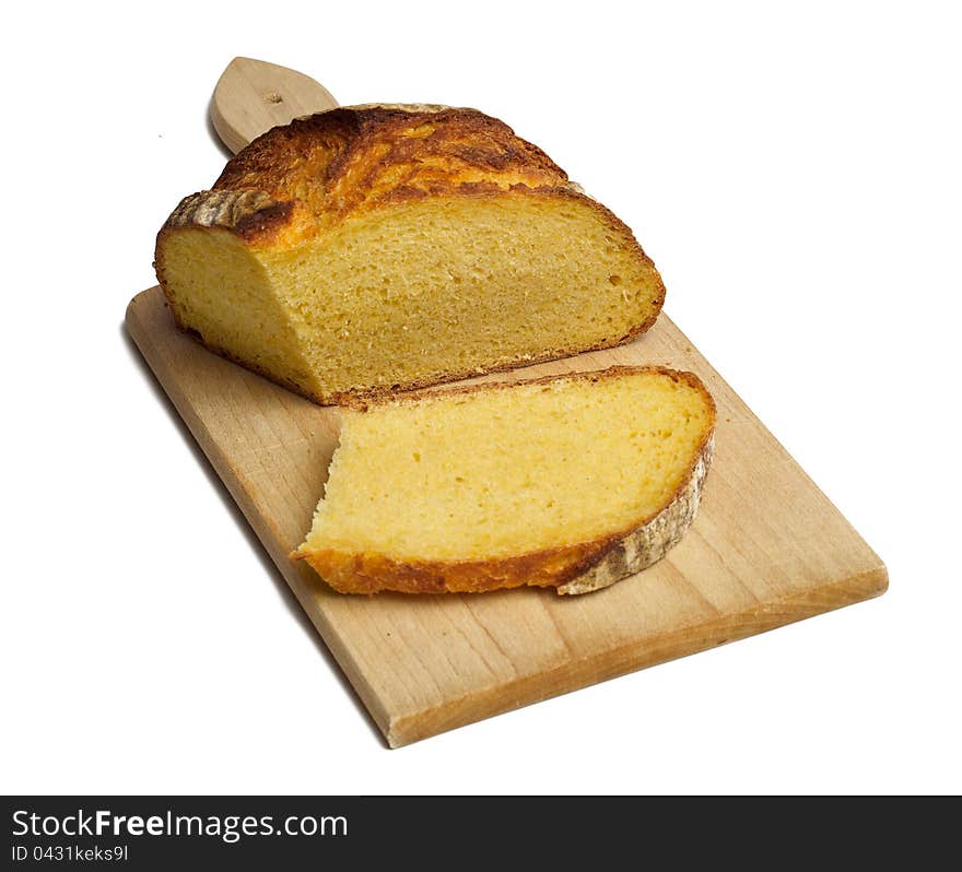 Cutting a loaf of bread on white bacground.