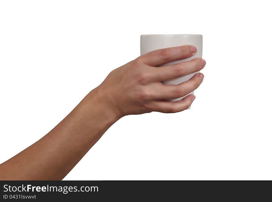 Studio shot of woman's hand holding a cup. Studio shot of woman's hand holding a cup