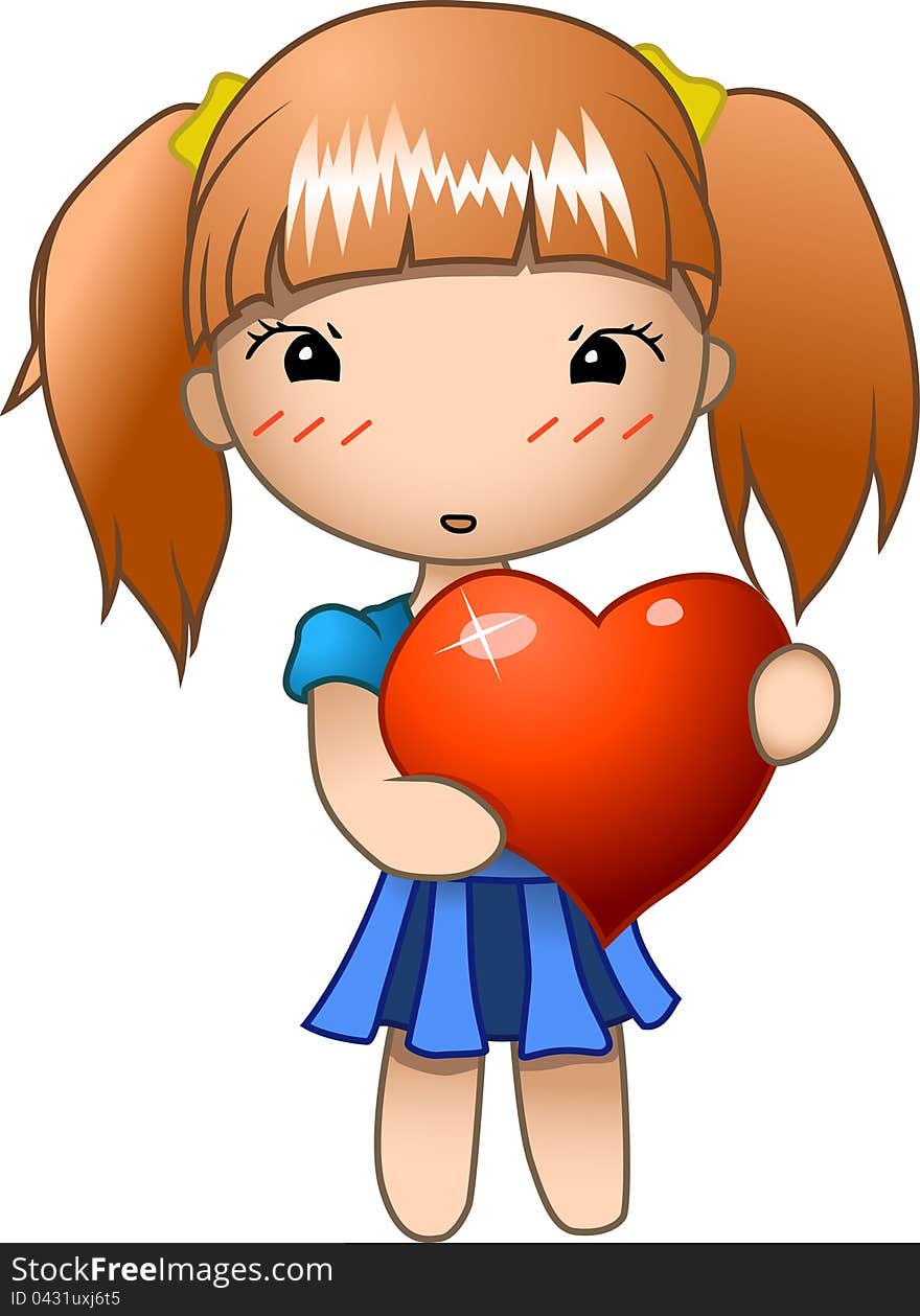 A girl with blush in anime chibi style holding a big red heart and watching at you. A girl with blush in anime chibi style holding a big red heart and watching at you.