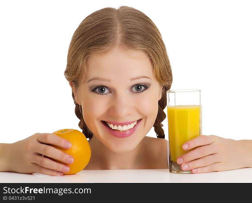 Beautiful happy cheerful girl with orange juice isolated on white background