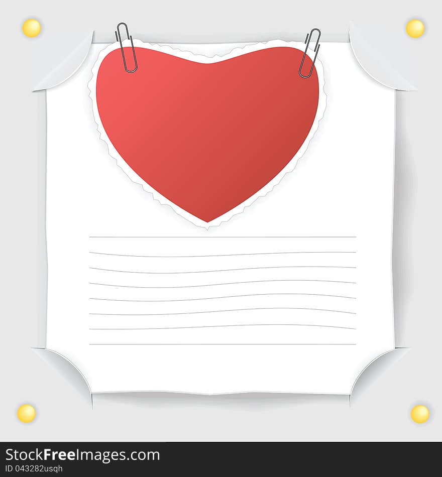 A large red heart, paper clips, buttons and a white sheet of paper. Vector illustration of Valentine's Day. A large red heart, paper clips, buttons and a white sheet of paper. Vector illustration of Valentine's Day.