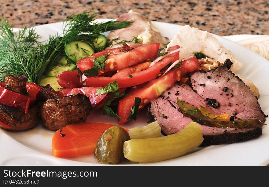 Fresh vegetables and cold meat assortment. Fresh vegetables and cold meat assortment