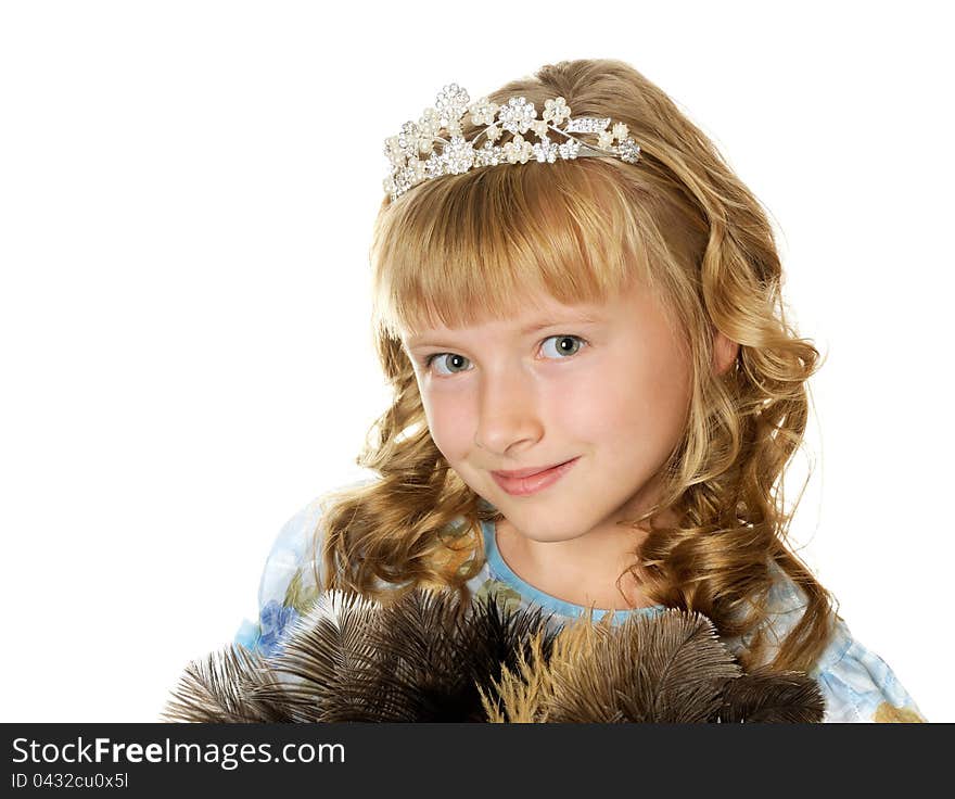 Beautiful happy girl with diadem , isolated on white. Beautiful happy girl with diadem , isolated on white