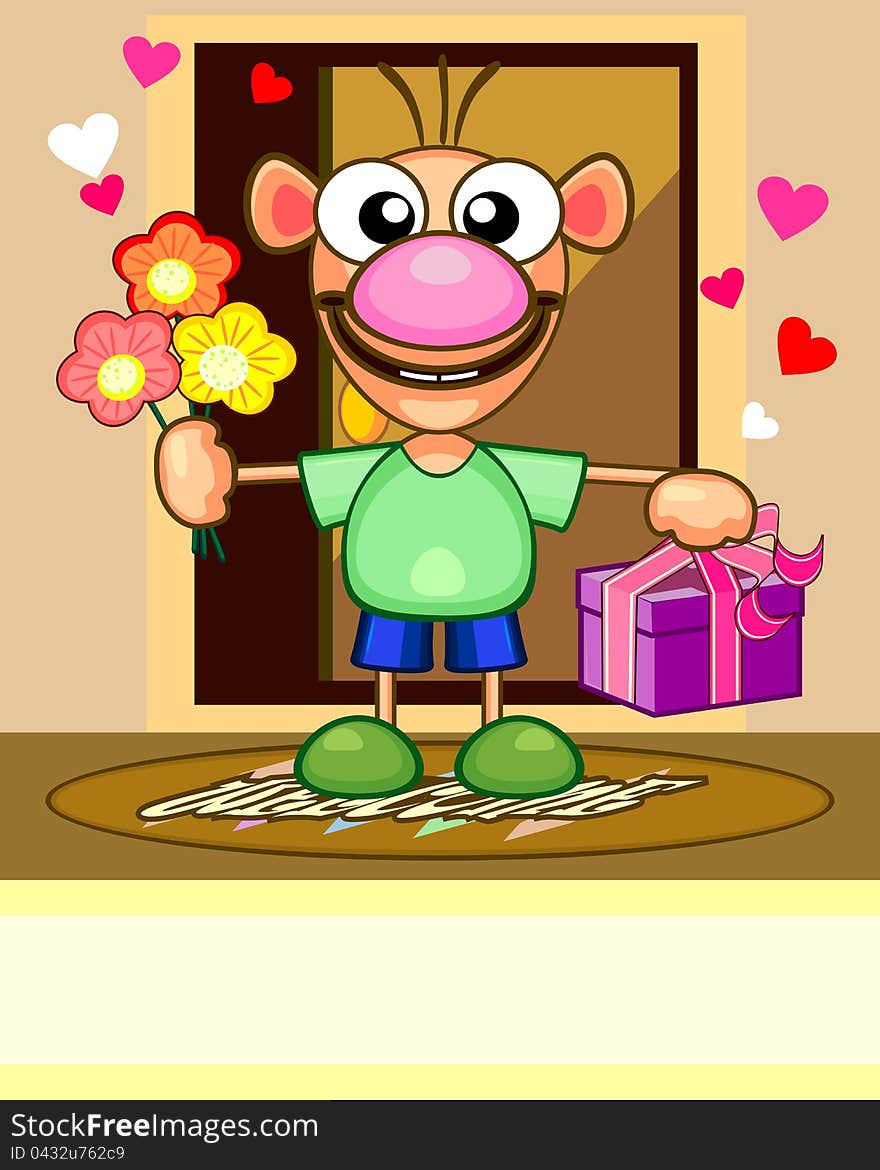 Cartoon card with funny man with flowers and gift