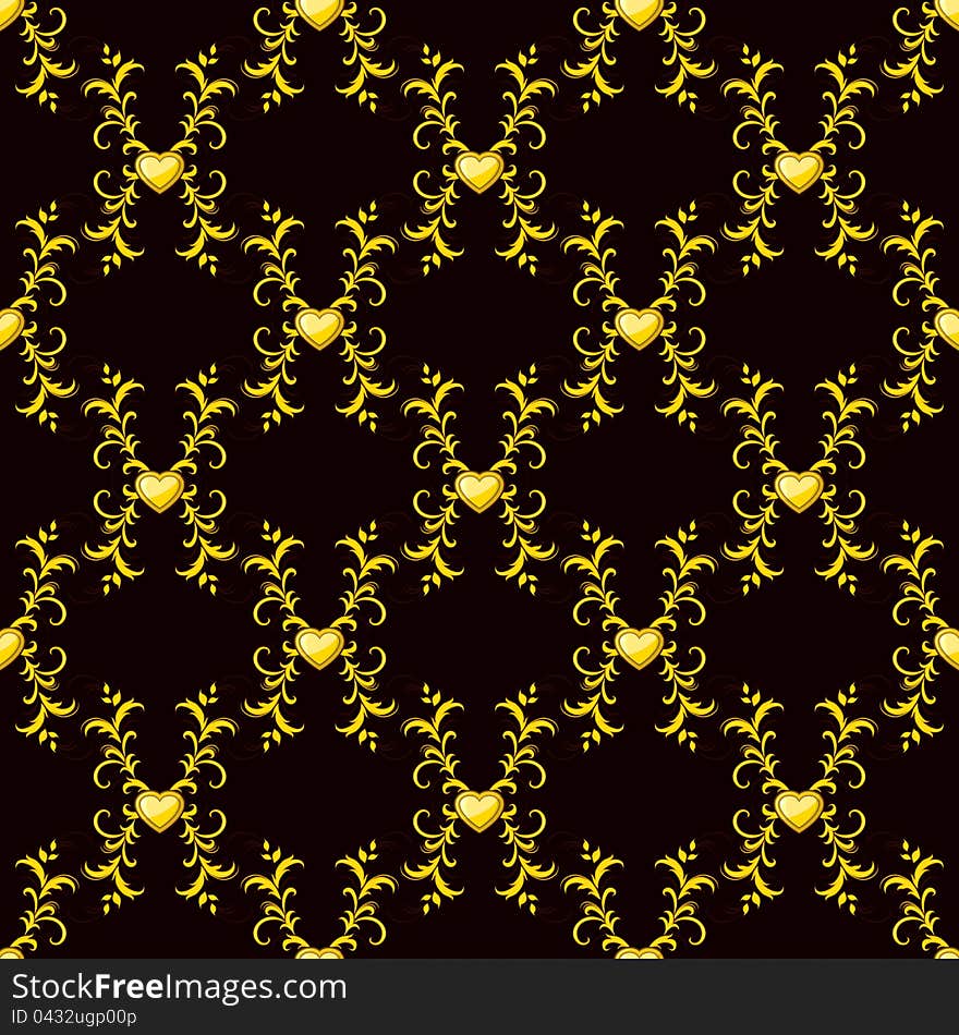 Dark seamless background with golden hearts and swirls. Dark seamless background with golden hearts and swirls