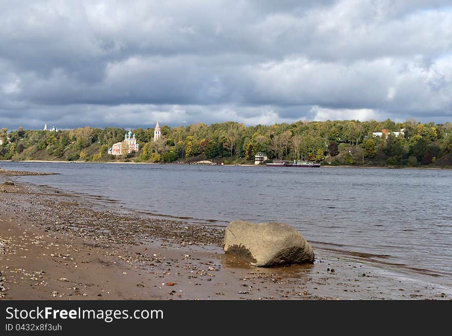 View on the Volga River with ferry in Tutaev town, Russia. View on the Volga River with ferry in Tutaev town, Russia