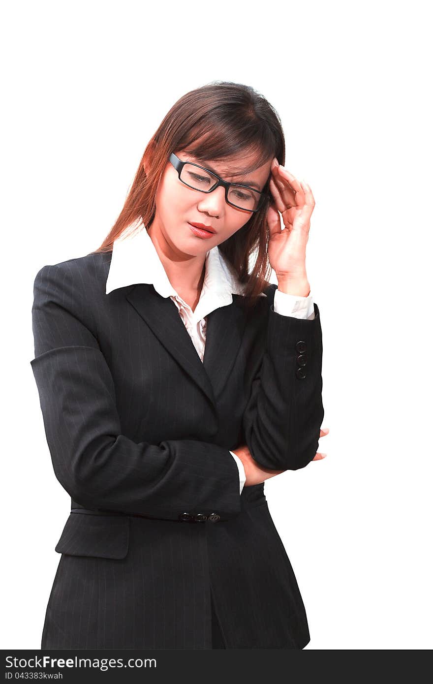 Business woman lost in thought , Isolated on white