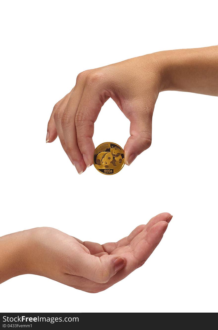 Woman holding coin above woman hand. Woman holding coin above woman hand