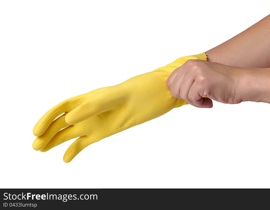 Hands Wearing Yellowl Gloves on white background. Hands Wearing Yellowl Gloves on white background