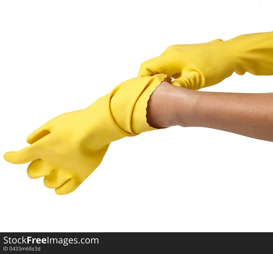 Hands Wearing Yellowl Gloves on white background. Hands Wearing Yellowl Gloves on white background