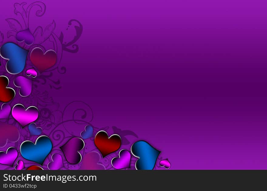 Colored hearts making the left border on a purple background