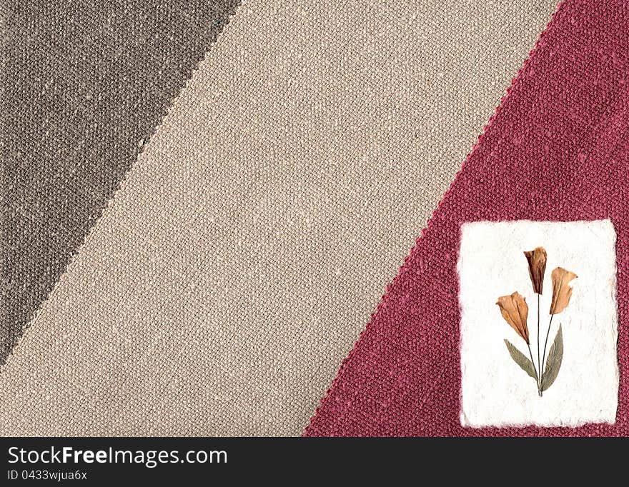 Beige and pink abstract stripped textile canvas background with card and tulips.