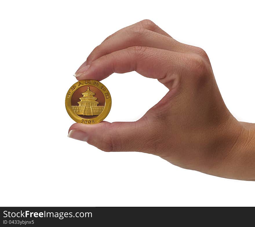 Woman holding coin panda