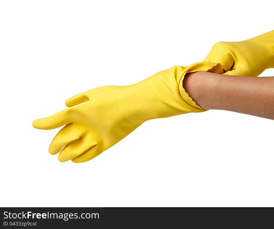 Hands Wearing Yellowl Gloves isolated on white. Hands Wearing Yellowl Gloves isolated on white