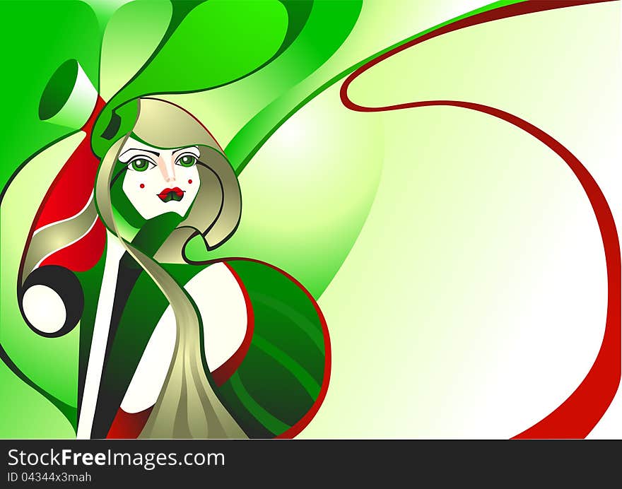 Girl in a green hat, abstract background. Girl in a green hat, abstract background