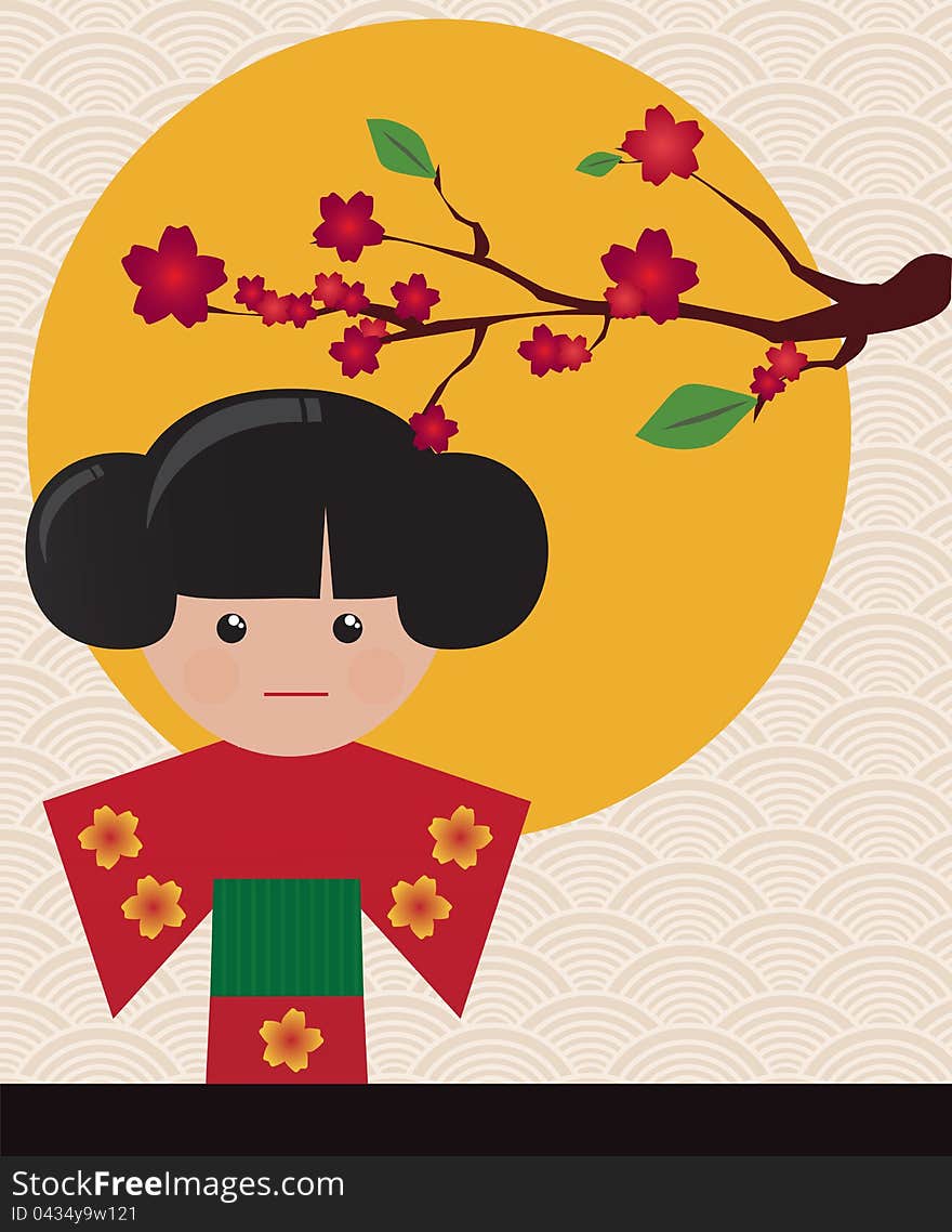 Little cute Japanese geisha character card