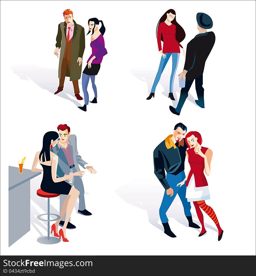 Vector illustration of fashion young people. four young boy and girl coupels. White background. Vector illustration of fashion young people. four young boy and girl coupels. White background.