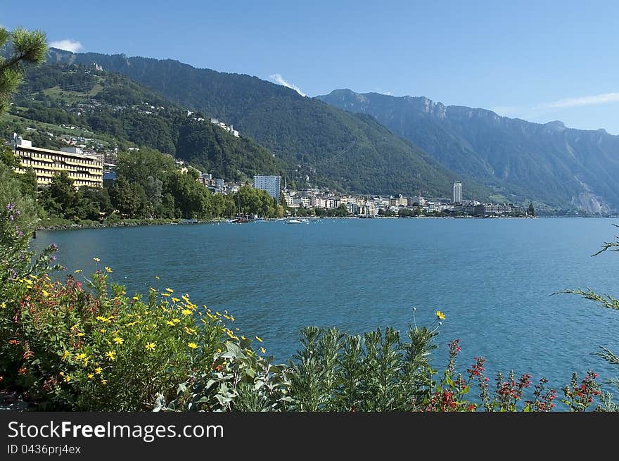 View of the lake and mountains, near the town of Montreux. View of the lake and mountains, near the town of Montreux