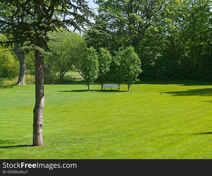 Single romantic wooden bench in a city park with wide green lawn. Single romantic wooden bench in a city park with wide green lawn