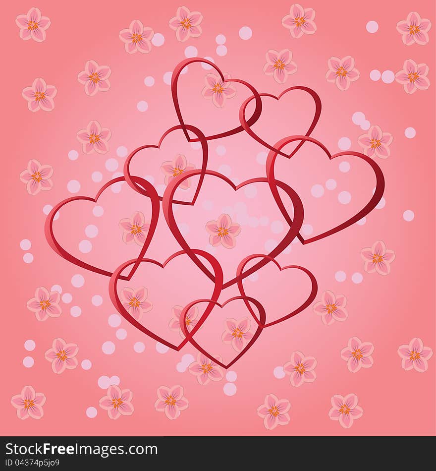 Red hearts with flowers on the pink background. Red hearts with flowers on the pink background.