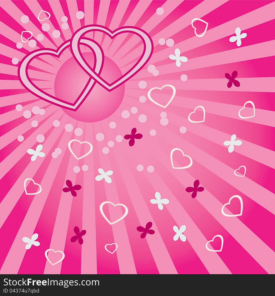 Hearts with butterflies and circles on the abstract pink background. Hearts with butterflies and circles on the abstract pink background.