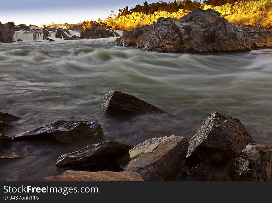 White Water River In Warm Sunset Light