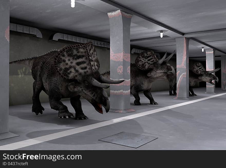 The comic image of a parking of dinosaurs