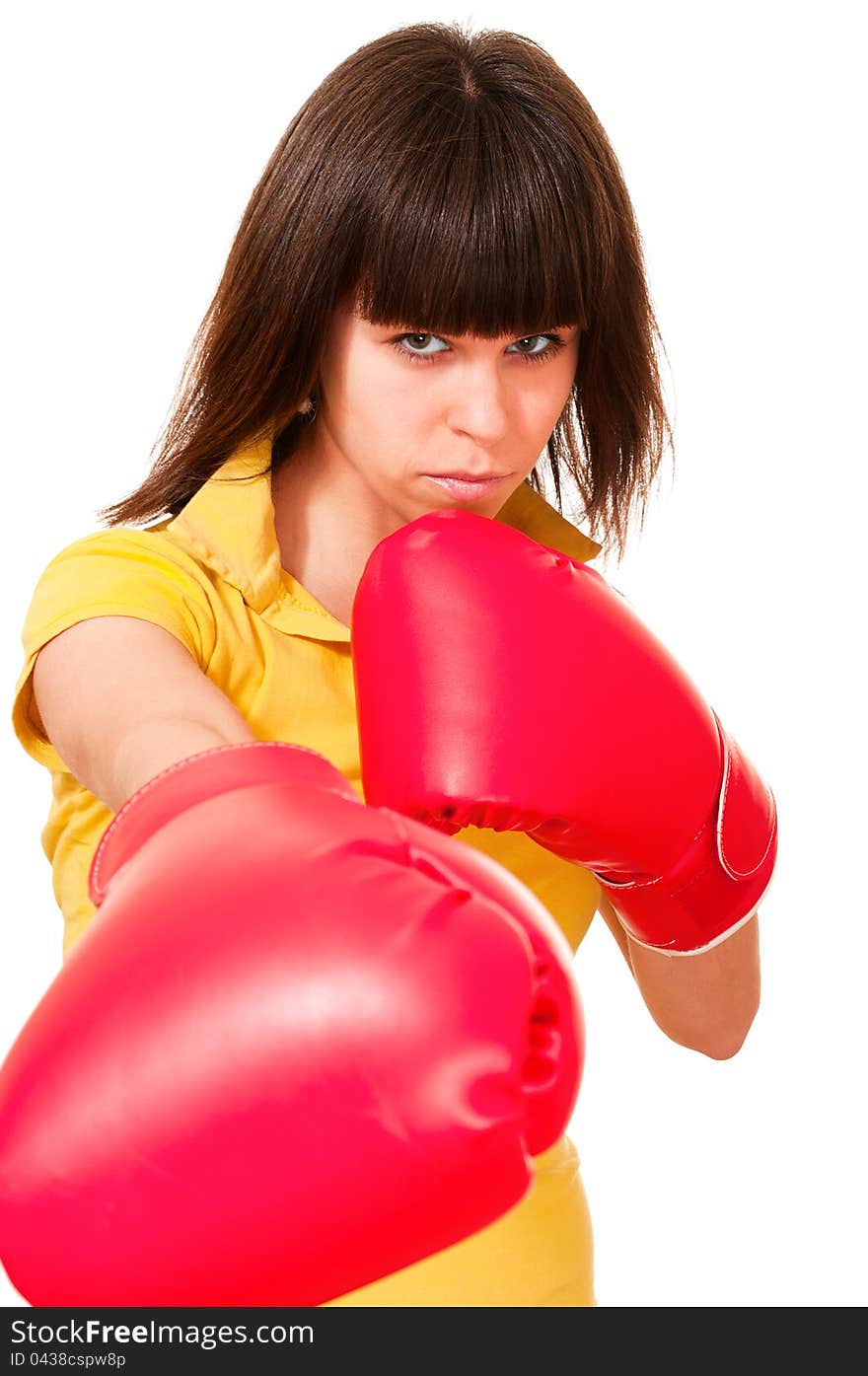 puncher young woman in boxing gloves isolated on white. puncher young woman in boxing gloves isolated on white