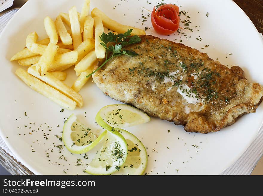 Fried hake fish and chips