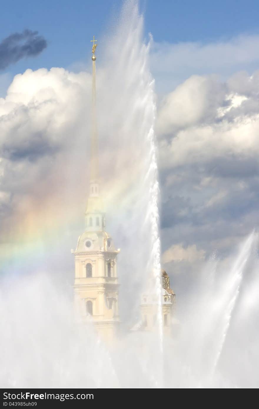 Water jet from floating fountain, The Peter and Paul fortress at background