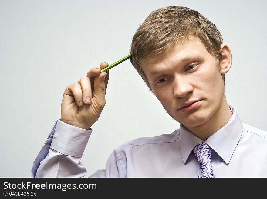 Business guy thought for a gray background. Business guy thought for a gray background