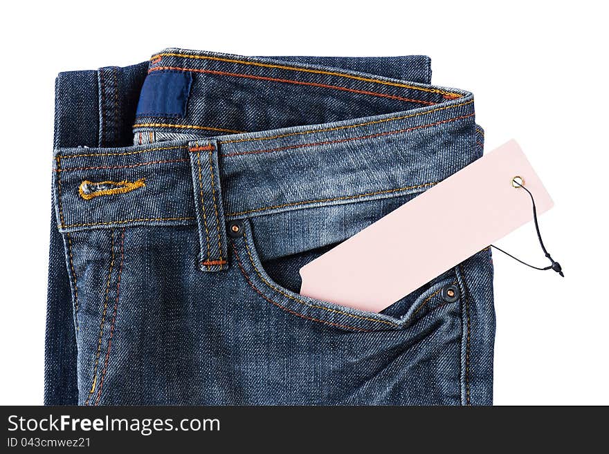 New Blue jeans trouser and tag isolated on the white background