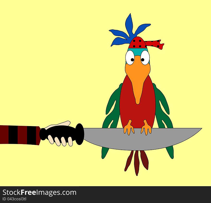 Vector drawing of a brightly colored parrot perched on a pirate’s cutlass. Vector drawing of a brightly colored parrot perched on a pirate’s cutlass.