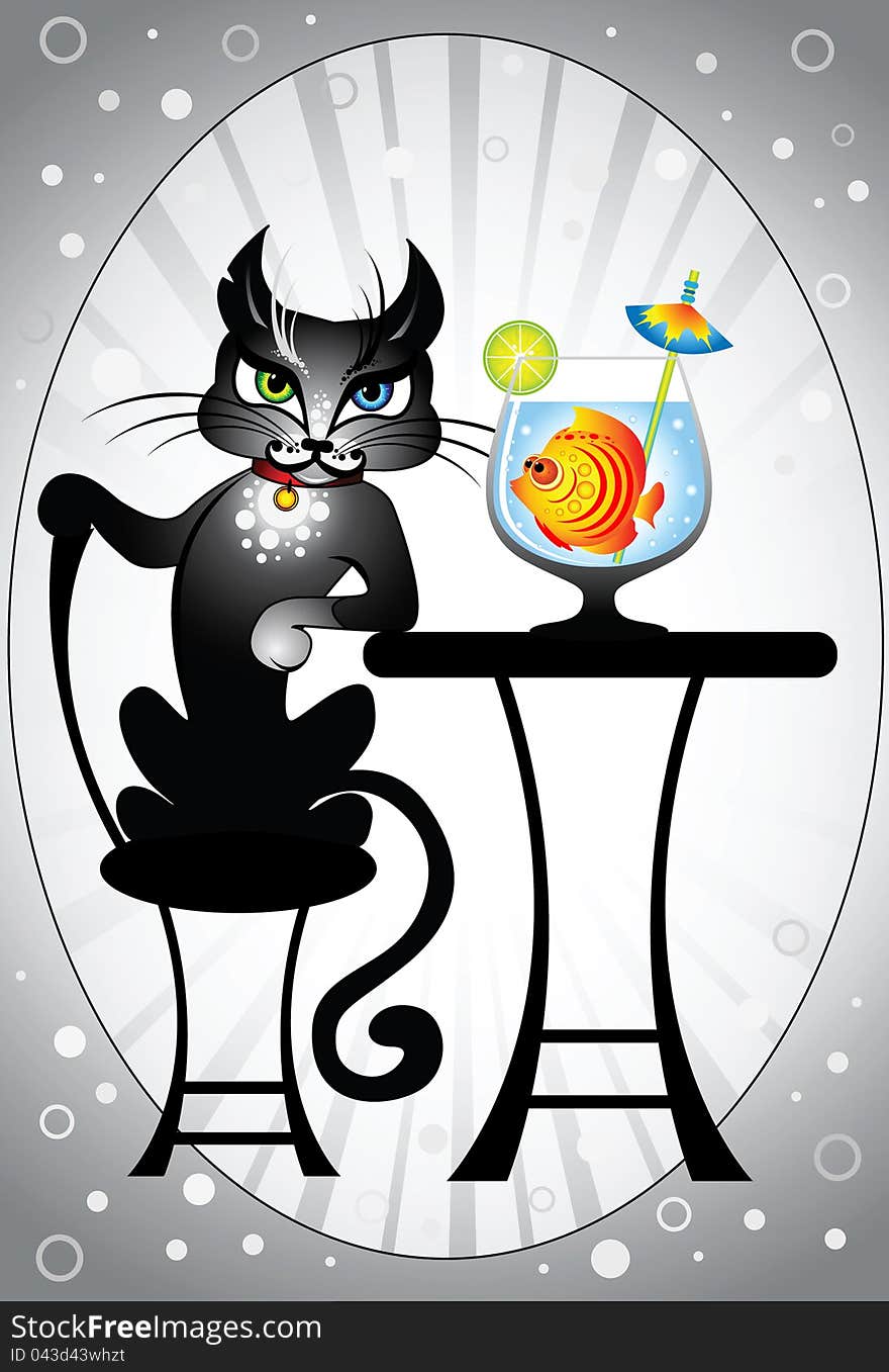 A cat and fish is in glass