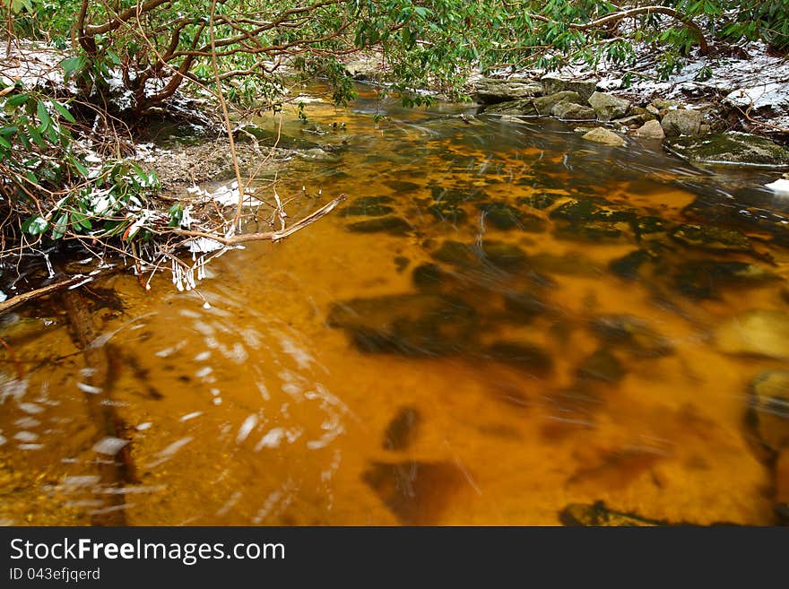 Natural tannin colored stream in the mountains