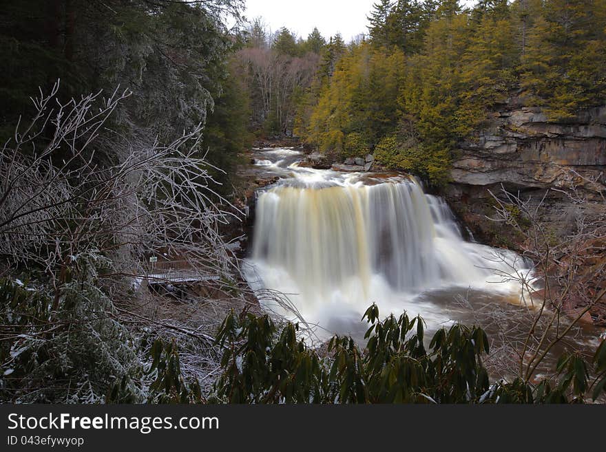 Waterfalls in the mountains in winter