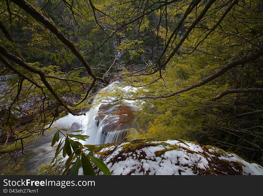 Waterfalls in the mountains in winter