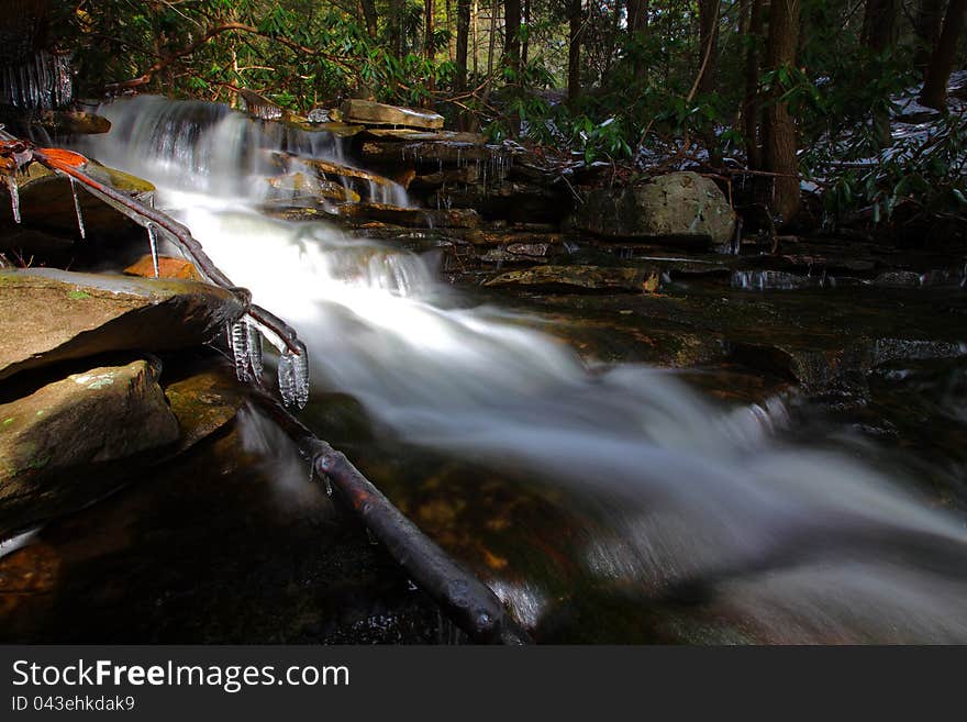 Waterfalls in the mountains in winter