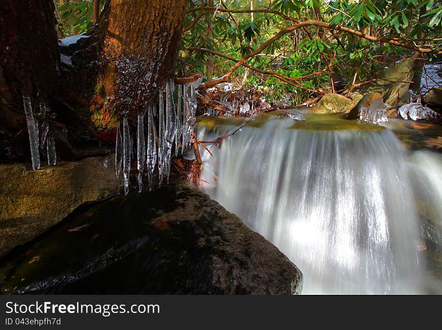 Silky Waterfalls In The Mountains In Winter